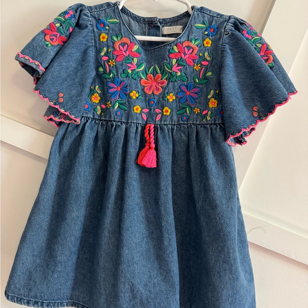 next Denim Dress with Multicolor Floral Embroidery and Pink Tassel